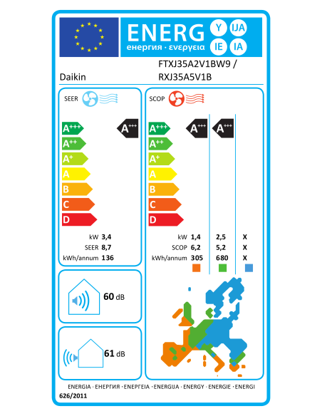 Etiquette énergie Mono-Split DAIKIN FTXj35AB / RXJ35A Emura 3 - clim-split.com