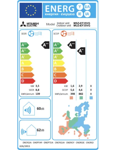 Etiquette énergie climatiseur Inverter Réversible Mono Split MSZ-EF35VGKB / MUZ-EF35VGK  MITSUBISHI
