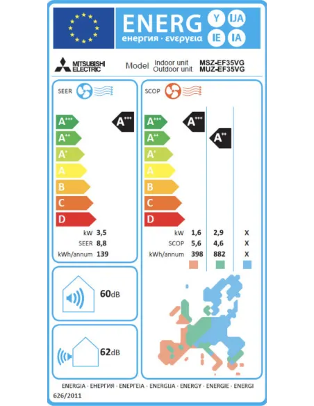 Etiquette énergie climatiseur Inverter Réversible Mono Split MSZ-EF35VGKB / MUZ-EF35VGK  MITSUBISHI