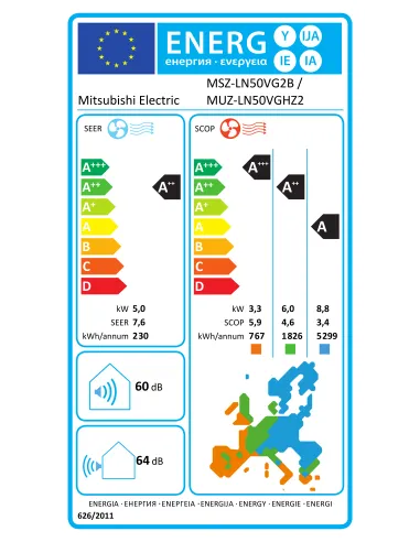 Etiquette énergie climatiseur HYPER HEATING Mono Split MSZ-LN50VG2W / MUZ-LN50VGHZ2MITSUBISHI ELECTRIC