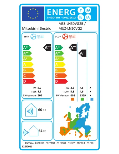 Etiquette énergie climatiseur Inverter Réversible Mono Split MSZ-LN50VG2V / MUZ-LN50VG2MITSUBISHI ELECTRIC