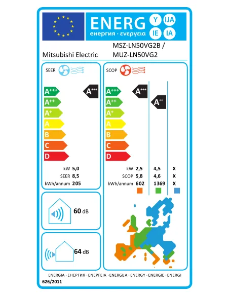 Etiquette énergie climatiseur Inverter Réversible Mono Split MSZ-LN50VG2V / MUZ-LN50VG2MITSUBISHI ELECTRIC